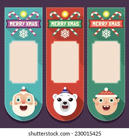 Flat long shadow price tags with Christmas characters. Vector set 1. 