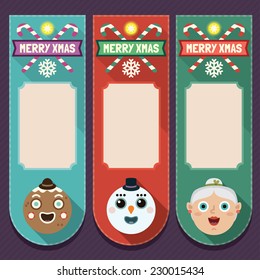 Flat long shadow price tags with Christmas characters. Vector set 3. 