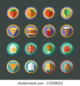 Flat long shadow round food icons. Vector illustration.