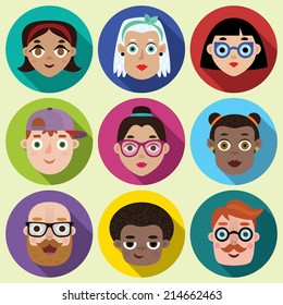 Flat long shadow round icons with people faces. Vector set.