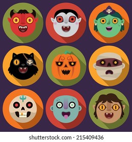 Flat long shadow round icons with devil, vampire, witch, black cat, pumpkin, mummy, skull, zombie and werewolf. Vector set.