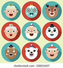 Flat long shadow round icons with Christmas characters. Vector set. 