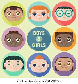 Flat long shadow round icons with happy faces of boys and girls. Vector set.