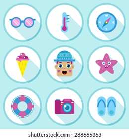 Flat long shadow round vector icons. Travel set 1.