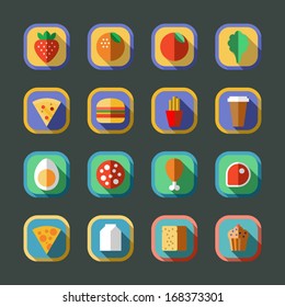 Flat long shadow rounded food icons. Vector illustration.