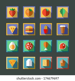 Flat Long Shadow Square Food Icons. Vector Illustration.