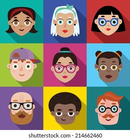 Flat long shadow square icons with people faces. Vector set.