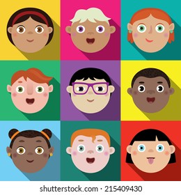 Flat long shadow square icons with happy faces of children. Vector set.