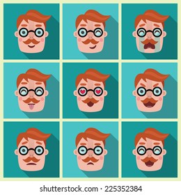 Flat long shadow square icons with human emotions. Vector set.