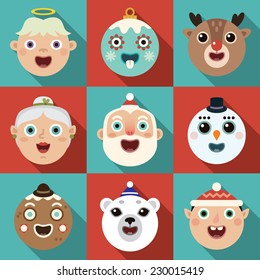 Flat long shadow square icons with Christmas characters. Vector set.  