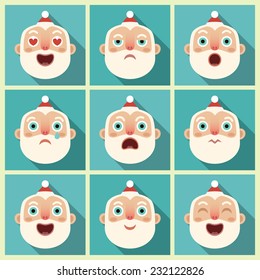 Flat long shadow square icons with Santa Claus. Vector set. 
