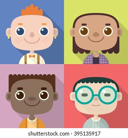 Flat long shadow square icons with happy faces of boys. Vector set.