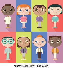 Flat long shadow square icons with cute boys and girls. Vector set.