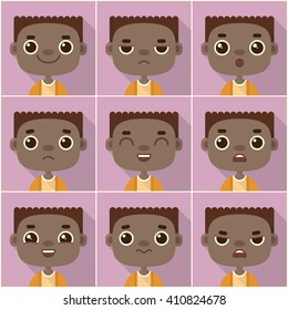Flat long shadow square icons with human emotions. Vector set.
