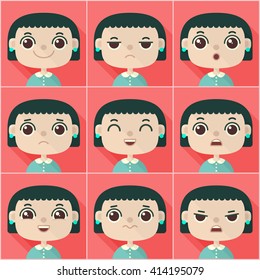 Flat long shadow square icons with human emotions. Vector set.