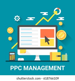 Flat long shadow vector concept of ppc management, search marketing, paid advertising and digital media isolated on blue background