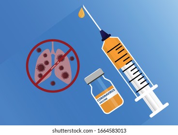 a flat long shadow vector design of Coronavirus Vaccine and syringe on a blue background