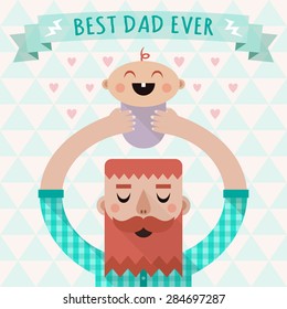 Flat long shadow vector illustration with father and child. Happy Father's Day card.