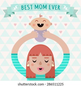 Flat long shadow vector illustration with mother and child. Happy Mother's Day card.
