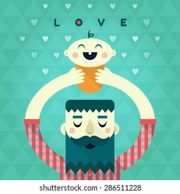 Flat long shadow vector illustration with father and child. Happy Father's Day card.