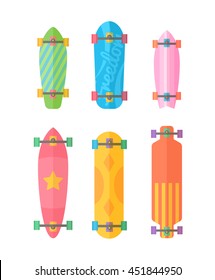 Flat longboards collection with colorful patterns and designs, isolated on white background