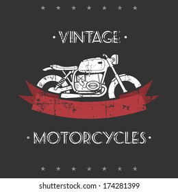 Flat looking grunge emblem with classic motorcycle and red ribbon