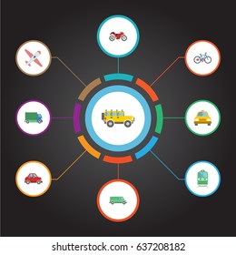 Flat Lorry, Aircraft, Metro And Other Vector Elements. Set Of Machine Flat Symbols Also Includes Airplane, Car, Taxi Objects.