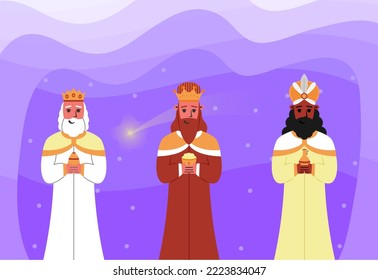 Flat Los Tres Reyes Magos Three Priests with Gift for Jesus Illustration Design with Falling Star and Stars Background