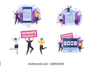 Flat lottery or Bingo, Gambling business concept. Tiny winer persons. Vector illustration.