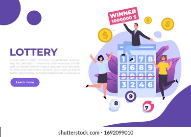 Flat Lottery Or Bingo, Gambling Business Concept. Tiny Winner People. Vector Illustration.