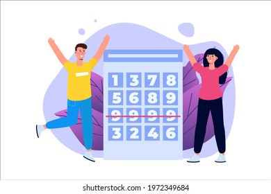 Flat lottery or Bingo, Gambling business concept. Tiny winer persons. Vector illustration.