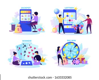 Flat Lottery. Cartoon Bingo Game Scenes With Happy Characters, Lotto Spinner, Fortune Wheel And Gambling Machine. Vector Set Instant Casino Play