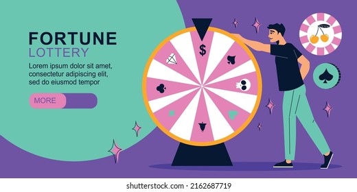 Flat lottery horizontal banner with man turning fortune wheel vector illustration