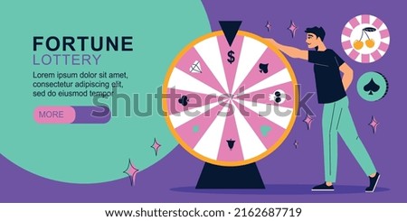 Flat lottery horizontal banner with man turning fortune wheel vector illustration
