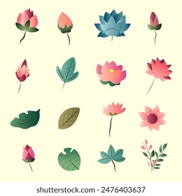 flat lotus flower with leaves vector set