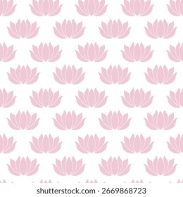 Flat lotus pattern. Seamless print. Vector texture. Wrapping. Card. Background. Fabric. Textile. Pink flower. Plant. Yoga. Meditation.
