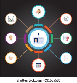 Flat Loudspeaker, Task List, Id Card And Other Vector Elements. Set Of Employment Flat Symbols Also Includes Date, Badge, Businessman Objects.