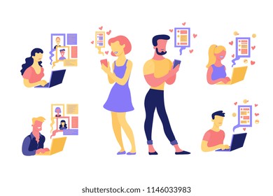 Flat love chat, online dating characters set. Men, women chatting behind laptop, smartphones with smile at face. Internet communications and romantic relationships. Vector illustration