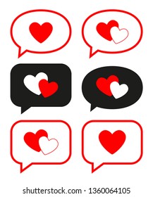 Flat love messages set. Red hearts in speech bubbles. St. Valentine day themed vector illustration for icon, stamp, label, badge, certificate, gift card, poster or banner decoration