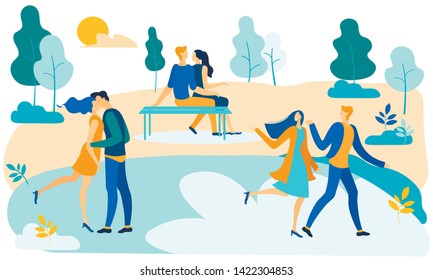 Flat Loving Couple Characters Romantic Dating in Park. Happy Lovers Relations. Cartoon Men and Women Kissing, Embracing, Walking, Standing or Sitting on Bench. Outdoors Lifestyle. Vector Illustration