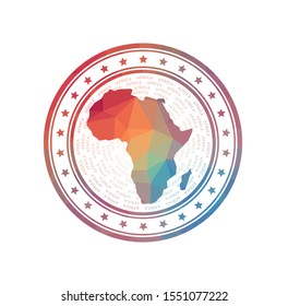 Flat low poly stamp of Africa. Polygonal Africa badge. Trendy vector logo of the continent.
