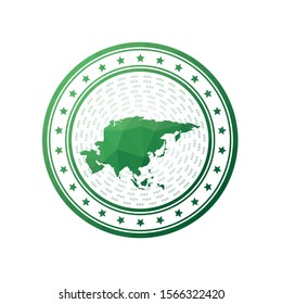 Flat low poly stamp of Asia. Polygonal Asia badge. Trendy vector logo of the continent.