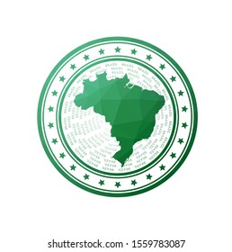 Flat low poly stamp of Brazil. Polygonal Brazil badge. Trendy vector logo of the country.