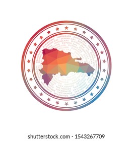 Flat low poly stamp of Dominicana. Polygonal Dominicana badge. Trendy vector logo of the country.