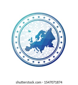 Flat low poly stamp of Europe. Polygonal Europe badge. Trendy vector logo of the continent.