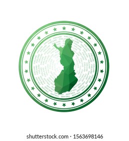 Flat low poly stamp of Finland. Polygonal Finland badge. Trendy vector logo of the country.