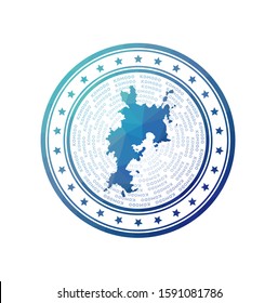 Flat low poly stamp of Komodo. Polygonal Komodo badge. Trendy vector logo of the island.