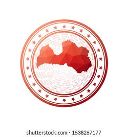 Flat low poly stamp of Latvia. Polygonal Latvia badge. Trendy vector logo of the country.