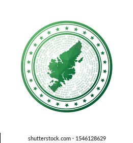 Flat low poly stamp of Lewis and Harris. Polygonal Lewis and Harris badge. Trendy vector logo of the island.