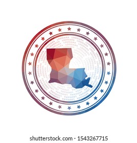 Flat low poly stamp of Louisiana. Polygonal Louisiana badge. Trendy vector logo of the us state.